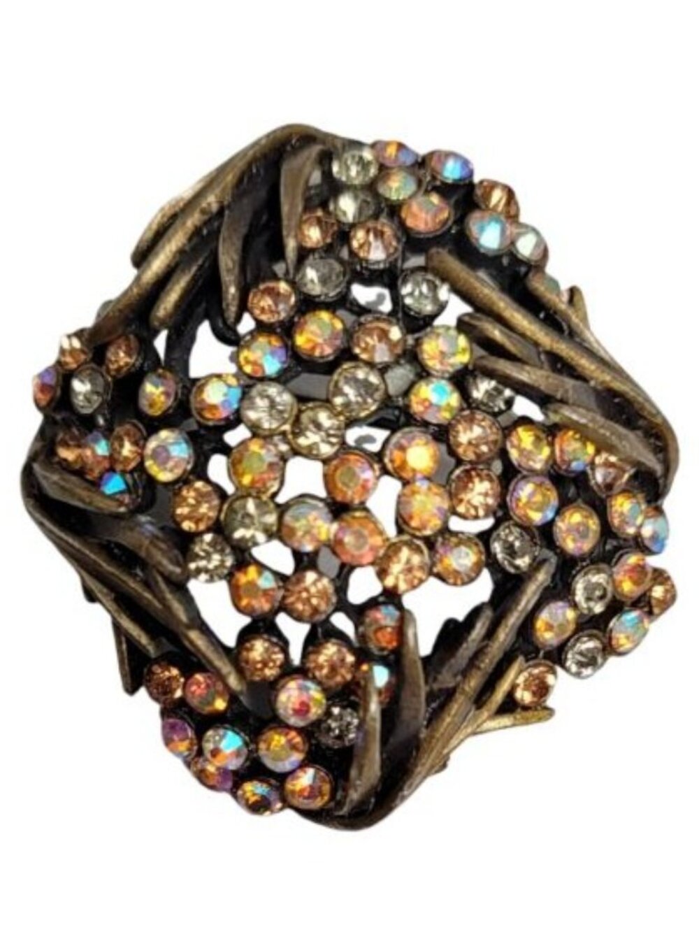 Karu Bronze Tone Amber AB Rhinestone Cluster Brooch, Signed